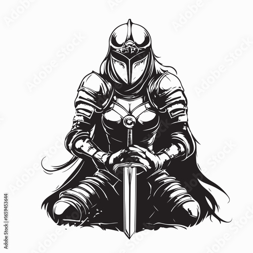 Medieval Woman Warrior Kneeling Asking for Forgiveness Vector Illustration