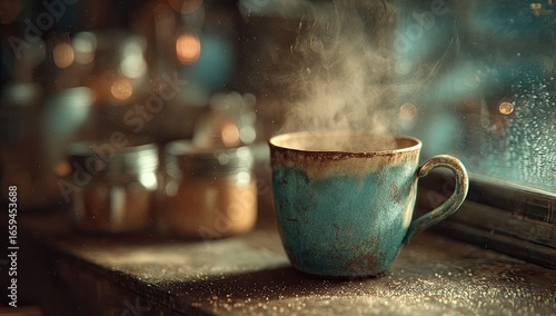 Wallpaper Mural Steam rising from a teal mug, rustic window Torontodigital.ca