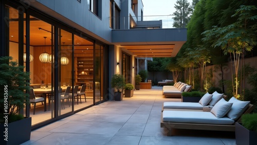 Wallpaper Mural Modern, stylish outdoor patio area with a dining space, showcasing minimalist design and tranquil ambiance. Torontodigital.ca