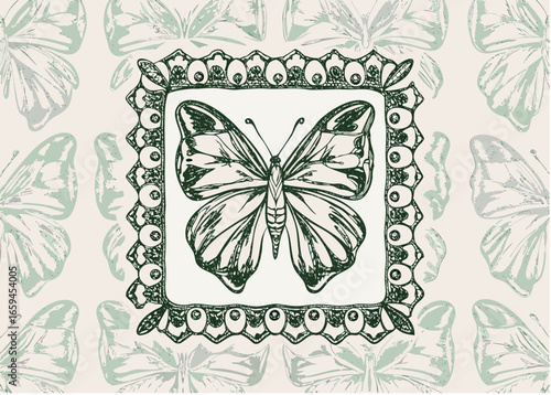 Butterfly illustration centered in a decorative frame surrounded by butterfly wing patterns filling space
