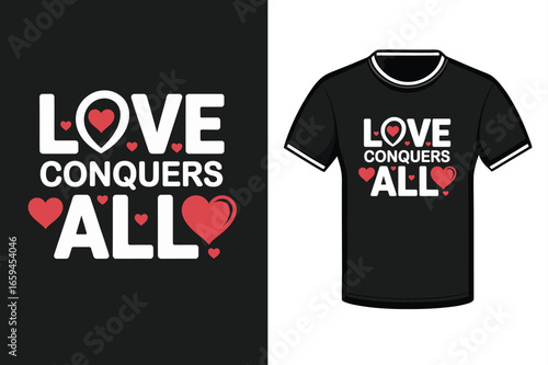 Love conquers all text with hearts vector
