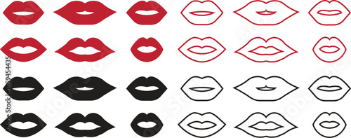 Red and black Lips icons set in flat and line styles. Collection and group of mouth, kiss, smile, sensual lips, beauty, fashion, and cosmetic symbols. Vector illustration for makeup and love design.