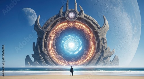 Mysterious glowing portal gateway on a beach with a person standing and looking at it with moons in the sky