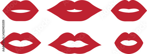 Red Lips icons set in flat styles. Collection and group of mouth, kiss, smile, sensual lips, beauty, fashion, and cosmetic symbols. Vector illustration for makeup and love design.