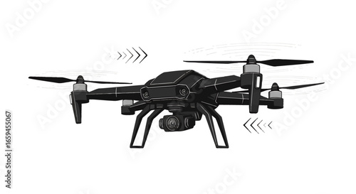 Detailed Black Drone with Propellers and Integrated Camera, Ready for Flight