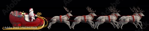Santa Claus riding sleigh pulled by eight reindeer with gifts on transparent background, Christmas Eve delivery, holiday magic, and celebration. 3d rendering animation. Alpha channel, ProRes 4444.