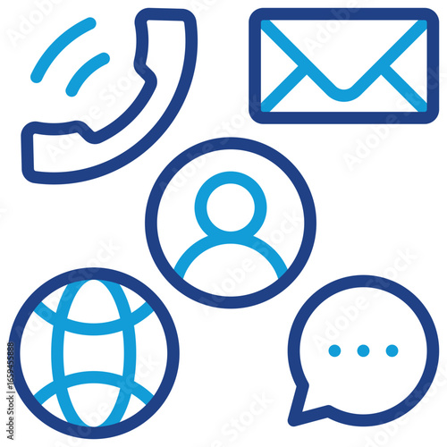 Multichannel Contact Line Dual Tone Icon Design Vector - Collection of contact method icons (phone, email, chat, user, globe), representing omnichannel communication
