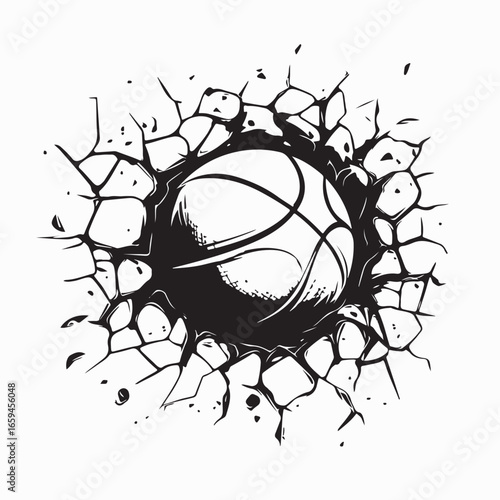 Basketball Hitting Wall Causing Crack Vector Illustration on white background