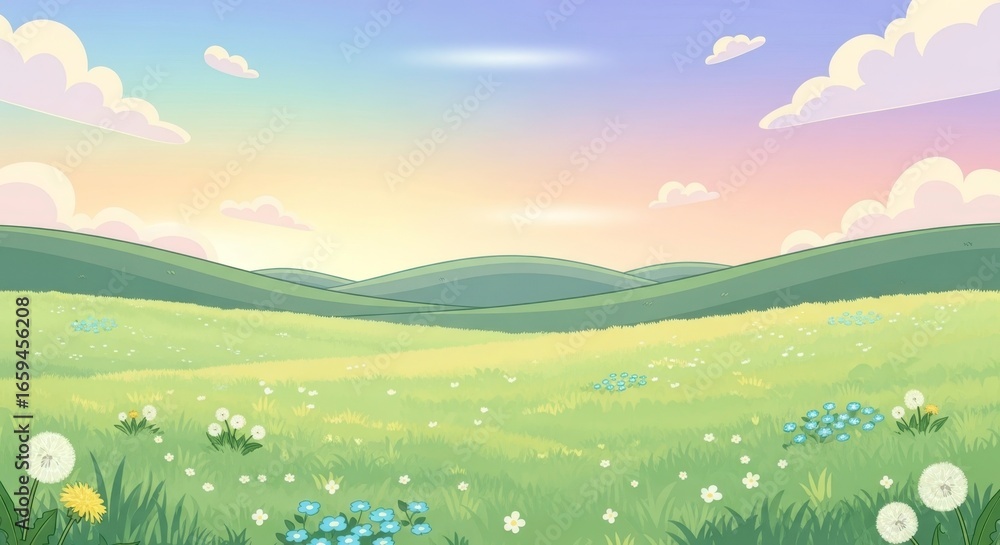 Fototapeta premium Pastel Meadow Landscape: Cartoon Style Rolling Hills
