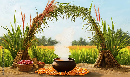 Traditional Outdoor Pongal Celebration in a Serene Paddy Field
