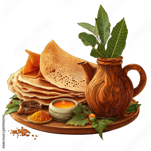Stacked golden pancakes on wooden platter, spices, and clay pot