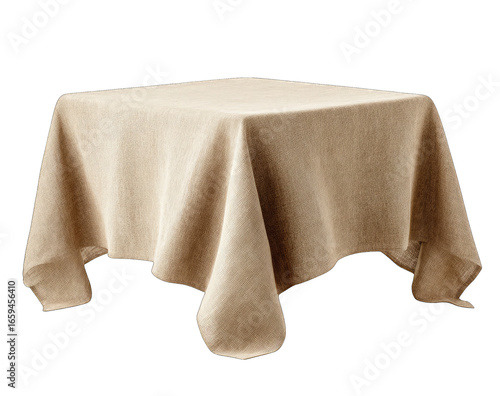 Beige tablecloth draped over a square table