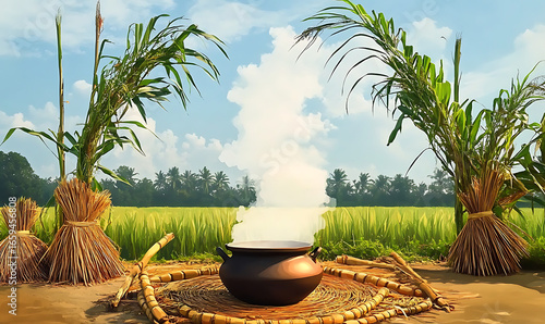 Traditional Outdoor Pongal Celebration in a Serene Paddy Field
