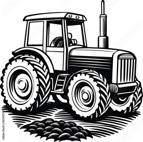Vintage Agricultural Tractor Illustration A Classic Farm Machine Working the Land with Large Tires and Detailed Engine Components