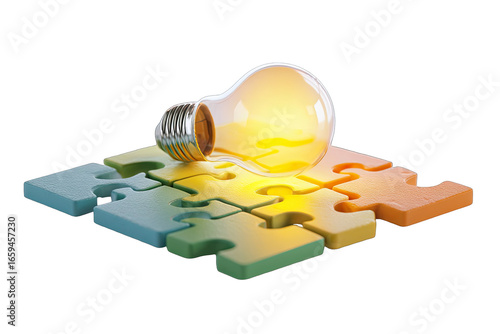 Illuminated lightbulb atop colorful puzzle pieces