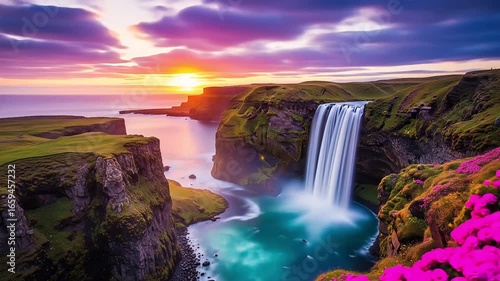 Breathtaking Waterfall Sunset Landscape in Iceland: Majestic Cliffs, Vibrant Flowers, and Turquoise Water - Scenic Travel Photography