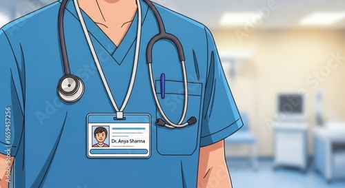 Healthcare Professional Portrait: Doctor in Scrubs with ID Badge