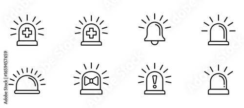 Vector art of collection of emergency siren icons, featuring various designs for police, fire, and medical services, indicating urgency and warning