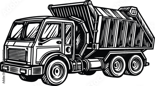 Detailed monochrome vector illustration of a heavy-duty dump truck in a classic hand-drawn engraving style, isolated on a white background