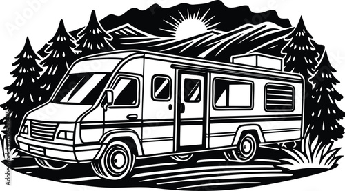 RV Adventure Motorhome in the Mountains Illustration for Travel Enthusiasts