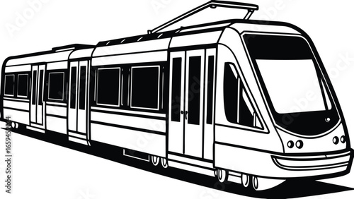 Illustration of a modern light rail train in motion, a sustainable transport option for urban commuting, vector art.