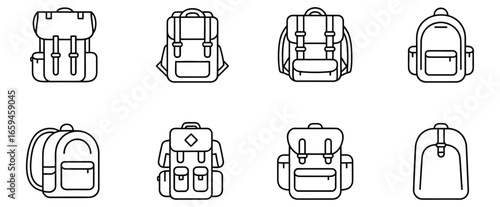 Vector art of collection of backpacks a variety of styles for school, travel, and outdoor adventures, showcasing modern designs and practical features for every need