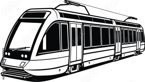 Modern light rail vehicle vector illustration. Black and white line art of an urban electric tram for public transportation, isolated on a white background.