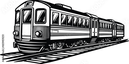 Detailed Black and White Illustration of a Train on Tracks, Capturing Transportation and Travel Themes