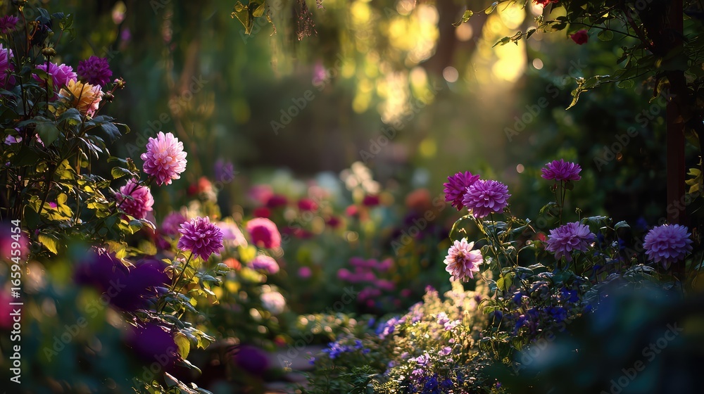 Obraz premium A lush garden filled with vibrant flowers bathed in warm summer sunlight, creating a dreamy atmosphere.