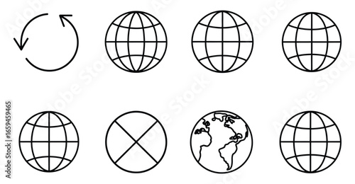 Illustration of globes and rotation symbol, representing global connectivity, worldwide communication, and geographical concepts with grid lines and continental outlines