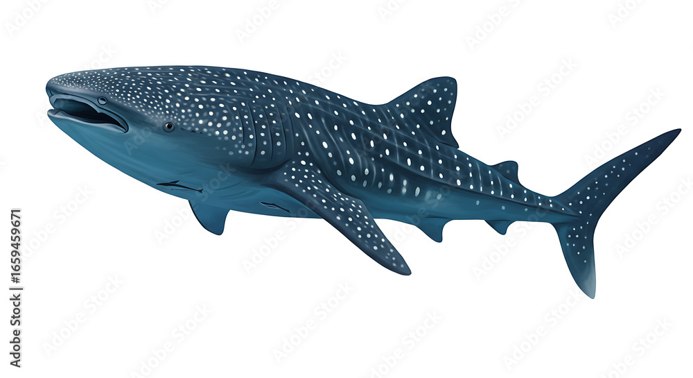 Fototapeta premium Whale shark swimming gracefully in clear ocean water, showcasing its distinctive spotted pattern and peaceful nature.