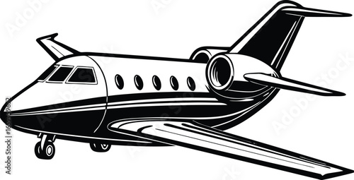 Illustration of a sleek private jet in black and white, perfect for aviation and travel-related projects. Ideal for business and luxury themes.