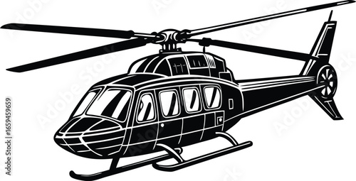 Black and white vector illustration of a modern civilian helicopter. Detailed aviation transport aircraft graphic isolated on a white background.eps