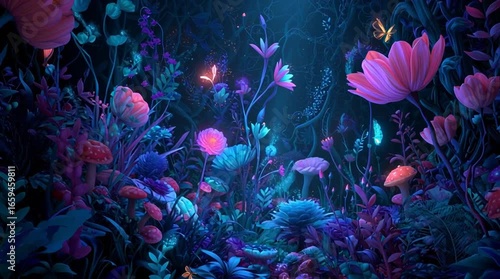 Abstract glowing bioluminescent alice in wonderland background with surreal luminous plants and magical atmosphere