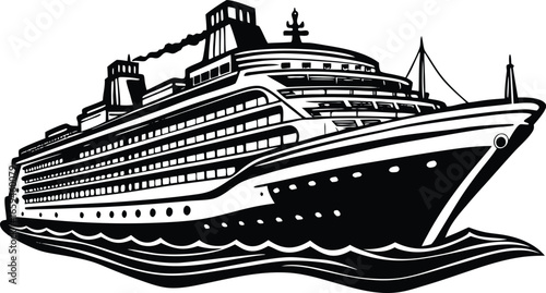 Majestic Cruise Liner Illustration Nautical Adventure on the High Seas, Black and White Art