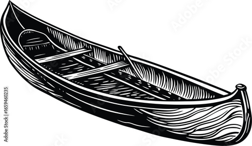Detailed Black and White Illustration of a Canoe with Paddle. Perfect for Outdoor and Adventure Themes
