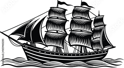 Intricate black and white vector illustration of a majestic tall ship, gracefully sailing the open waves, embodying a timeless spirit of nautical exploration, adventure, and maritime history.