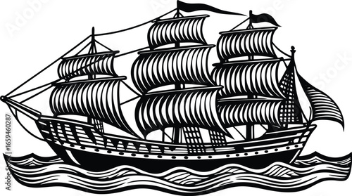 Detailed Vector Illustration of a Classic Sailing Ship with Fully Rigged Sails, Traversing Ocean Waters