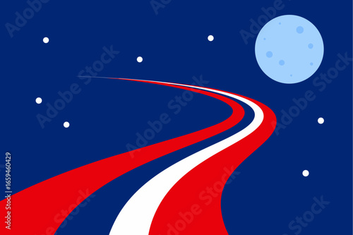 Abstract cosmic journey with red white and blue stripes under a full moon