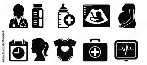 Vector art of collection of medical and pregnancy icons, representing healthcare, pediatrics, and obstetrics services for women, babies, and family wellness
