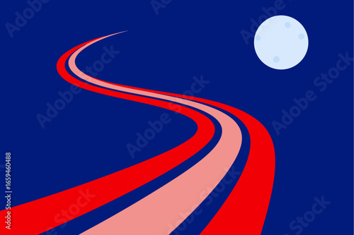 Curving road under a full moon on a dark blue night