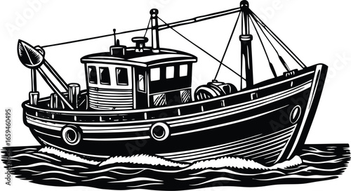 Detailed woodcut style illustration of a classic fishing trawler, depicting its robust structure and the dynamic motion of ocean waves.