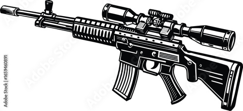 Detailed illustration of a sniper rifle featuring a scope, a magazine, and intricate design elements, perfect for weapon-themed projects.