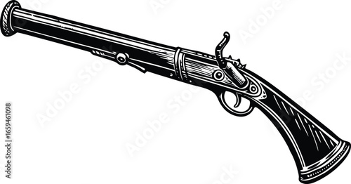 Intricate Hand-Drawn Vintage Musket Illustration Classic Flintlock Firearm Design for Historical and Antique Themes
