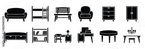 Vector art of black and white furniture icons, showcasing sofas, bunk beds, benches, armchairs, cabinets, wardrobes, bookshelves, desks, tables, and chandeliers