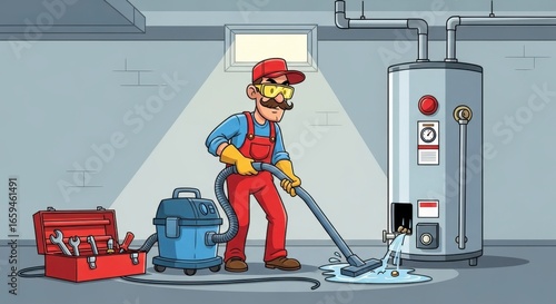 Cartoon Plumber Cleaning Water Heater Leak