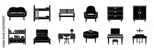 Illustration of various furniture pieces, including sofas, beds, benches, armchairs, cabinets, bookshelves, desks, tables, pianos, and chandeliers