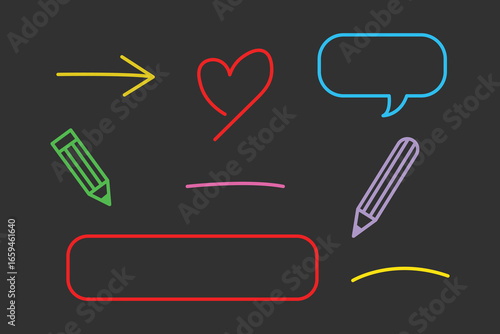 Set of arrow lines, speech bubbles, pencil highlighter and textured brush icons with cartoon heart shape, chalkboard frame sketch, vector illustration.