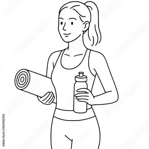 Simple line woman holding yoga mat and  water bottle