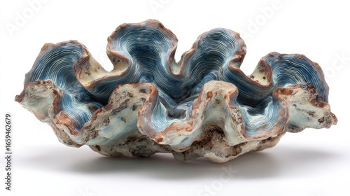 A beautiful, large, blue and brown giant clam shell with intricate wavy patterns.